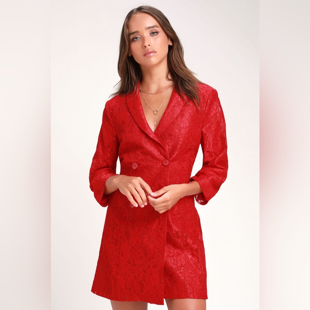 Lulus - Ronan Red Lace Double Breasted Blazer Dress - S
